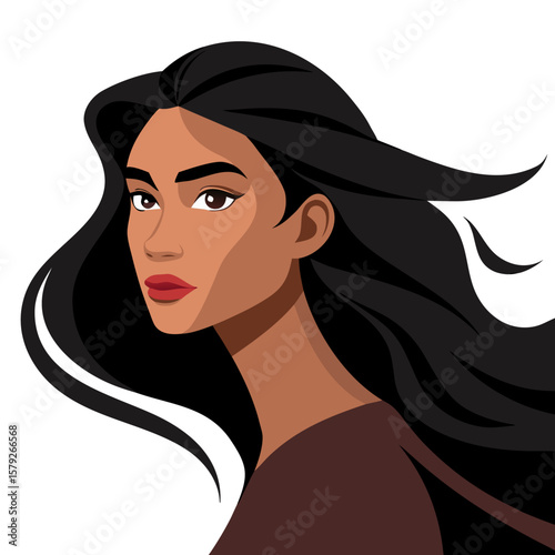 Stylized Profile Portrait of Young Woman with Flowing Hair – Graphic Art in Bold Lines