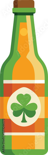 Festive Green Beer Bottle with Shamrock for St. Patrick's Day Celebration, Irish Pub Design Element