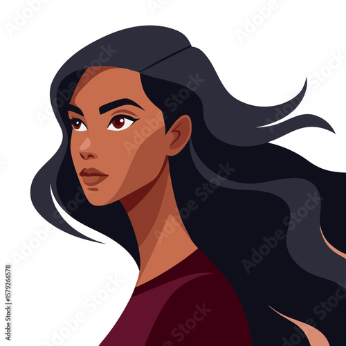 Stylized Profile Portrait of Young Woman with Flowing Hair – Graphic Art in Bold Lines