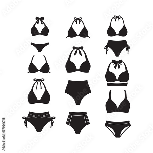 Collection of black silhouette bikini tops and bottoms for beachwear