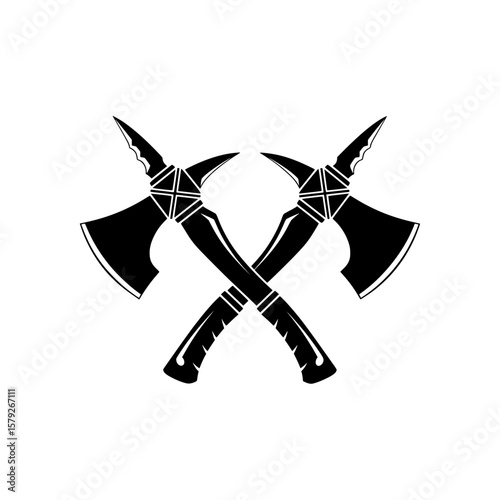 Vector illustration of an emblem or logo featuring two crossed axes