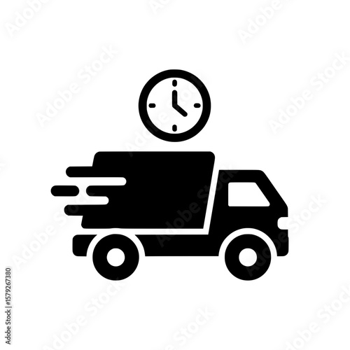 Minimalist vector illustration of a delivery truck or van with a clock symbol and speed lines, indicating fast and efficient shipping services.
