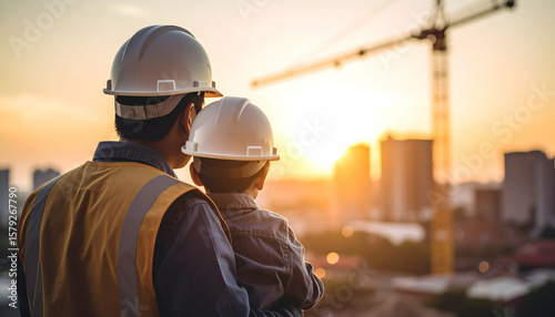 Adult and Child Wearing Hard Hats Looking at Construction Site Cityscape During Golden Sunset