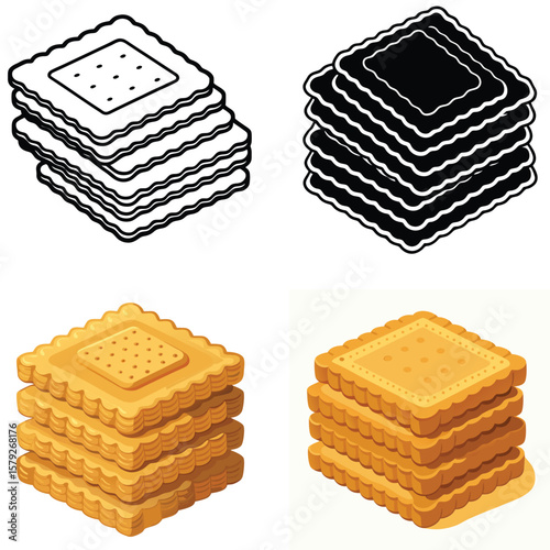 Four isometric views of stacked square biscuits or crackers