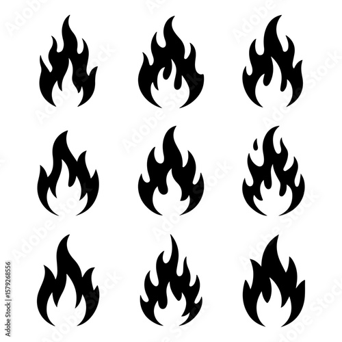 Set of Simple black silhouette  Fire flames in various design with white background