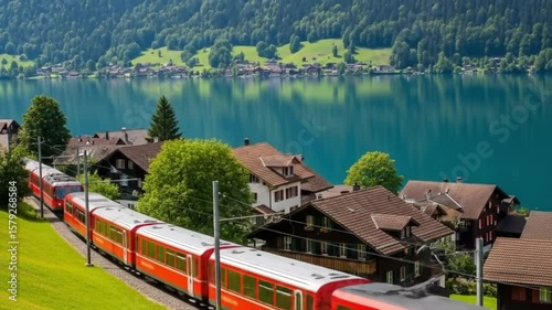 Red Train Traveling Through Swiss Mountain Village