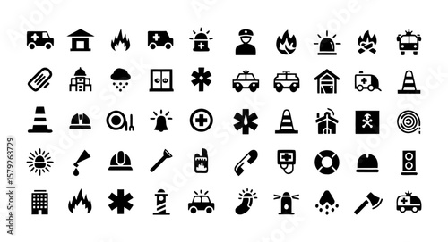Emergency and Safety Glyph Icon Set – Black Silhouette Vector Pictograms of Ambulance, Fire, Police, SOS Signal, Evacuation, Natural Disaster Response, Medical Aid, and Law Enforcement

