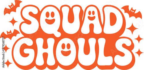Squad Ghouls Halloween Retro Lettering SVG, Cute Ghost Text Design.