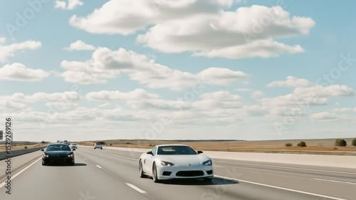 RV Traveling on Desert Highway with Clouds