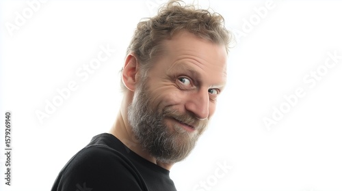 A man grinning mischievously, sly smile, looking sideways, playful expression against a stark white background