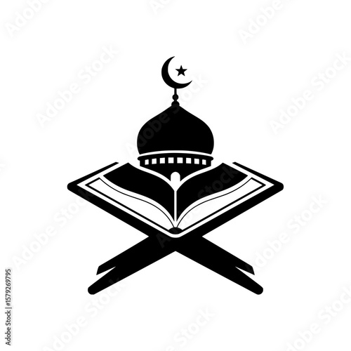 A black vector illustration depicting an open Holy Quran on a rehal (Quran stand), with a mosque dome and crescent moon and star silhouette above it. 
