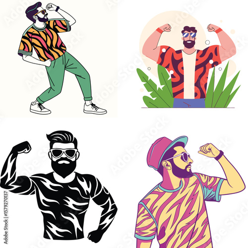 Stylish men flexing muscles with vibrant clothing and sunglasses