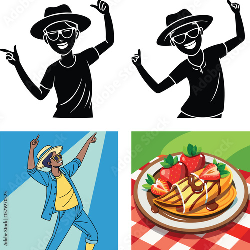 Joyful person dancing and delicious strawberry crepes served outdoors