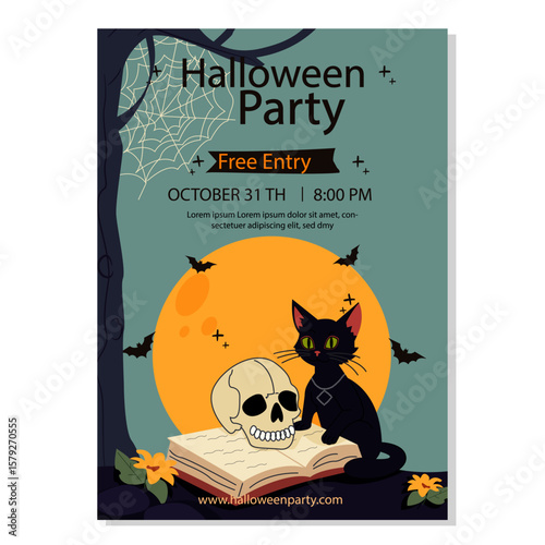 graphic design for halloween party invitation. The design features a dark cat with an open book, a skull on the book, a bright moon in the background, bats and spider webs flying around.