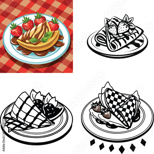 Delicious crepes with strawberries and chocolate sauce on a plaid background