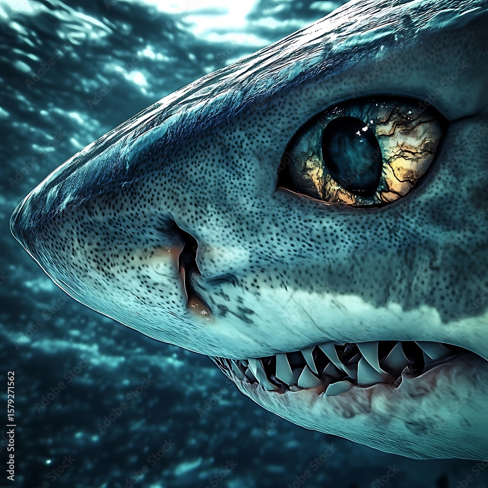 Naklejka premium Intense shark eye close up underwater view high resolution picture