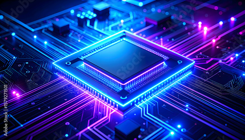 Glowing Futuristic Computer Chip on Vibrant Circuit Board Digital Pathways