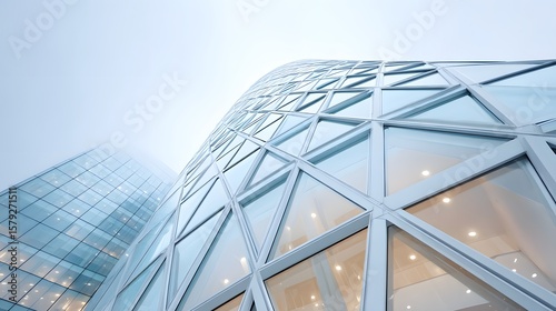 Modern Glass Architecture of Skyscraper Facade Under Soft Foggy Sky in Urban Environment