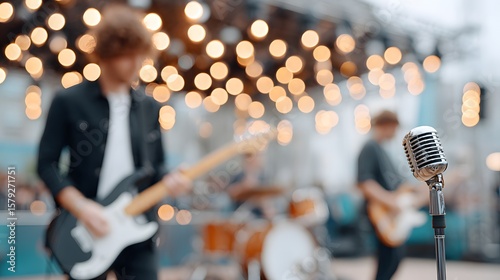 Musicians Performing on Stage with Microphone and Blurred Background of Colorful Lights