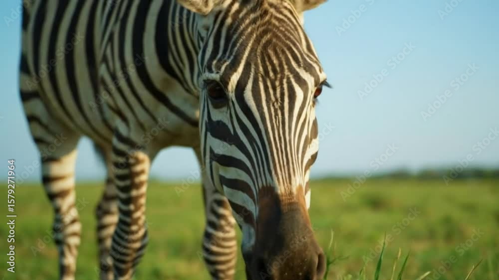 A zebra stands in a grassy field its striped face in focus
