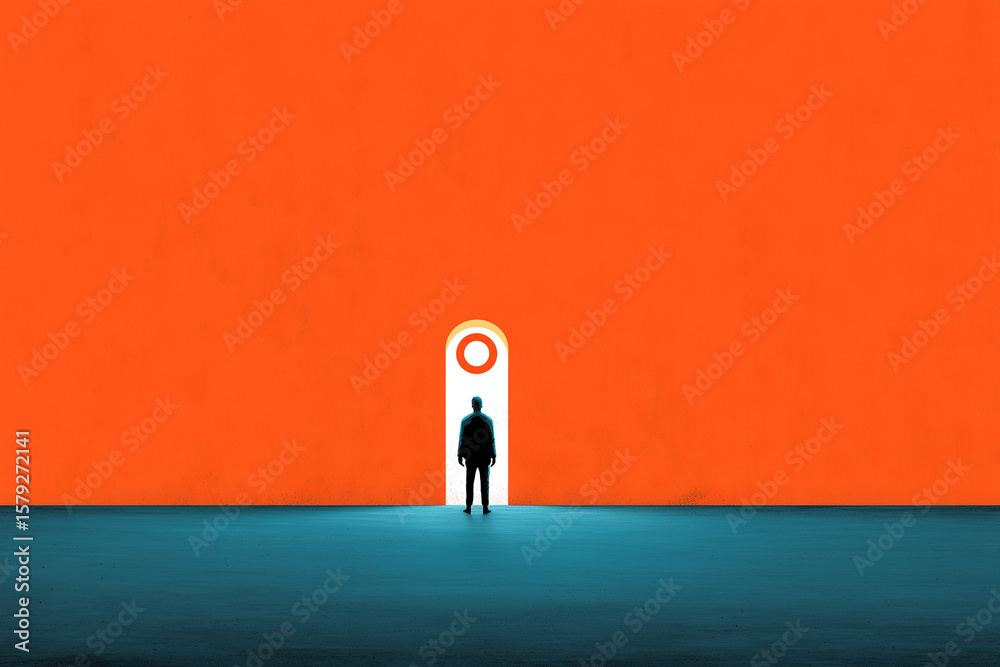 Obraz premium A lone silhouette of a person standing before a glowing archway with a red circle, symbolizing new opportunities, choices, and the concept of entering a fresh path or unknown future