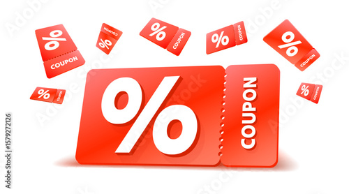 Red coupons with percentage fly away on white background. Vector illustration