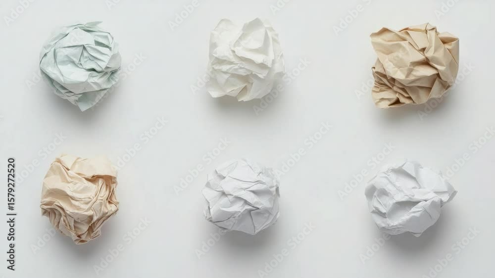 Six crumpled paper balls in different shades of white, beige, and brown against a white background.