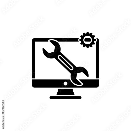 An iconic illustration of a computer monitor with a wrench and a gear, symbolizing computer repair, technical services, system maintenance, or performance optimization. 