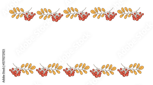 Autumn leaves, berries. Frame, border with place for text. Autumn, rowan branch. Botanical illustration of nature. Leaf fall. White isolated background. Food