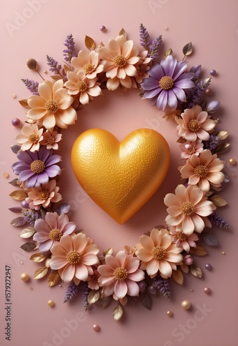 yellow heart and pink and purple flowers on a pink background