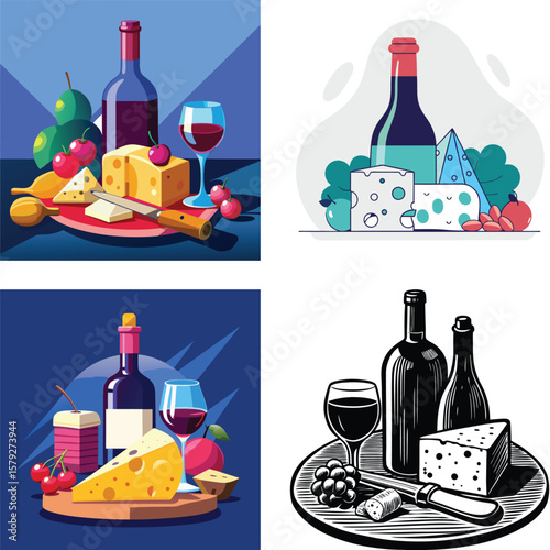 Artistic still lifes featuring wine cheese and fruit arrangements