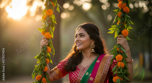 Smiling Indian Woman Celebrating Teej Festival on a Traditional Floral Swing – Joyful Portrait in Festive Attire at Sunset