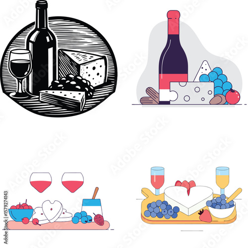 A collection of stylized illustrations featuring wine and cheese pairings with fruits