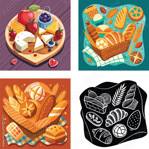 Artistic collage of delicious baked goods and a cheese fruit platter