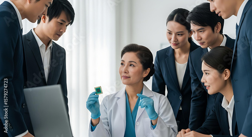 Asian scientists and business team analyze microchip technology, showcasing innovation and collaborative success in a modern lab.