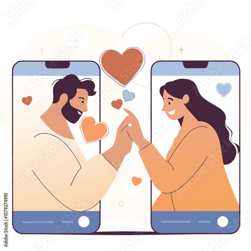 Couple connecting through smartphones with hearts symbolizing love and digital romance in a modern relationship