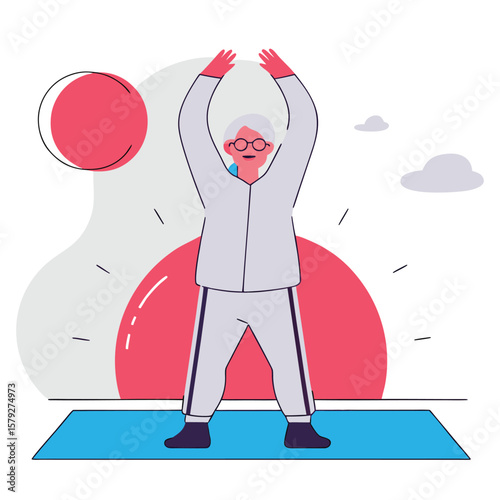 Elderly woman with gray hair and glasses performs a stretching exercise with arms raised on a blue mat