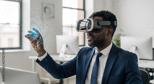 African American businessman uses virtual reality headset interacting with digital interface in a modern office setting