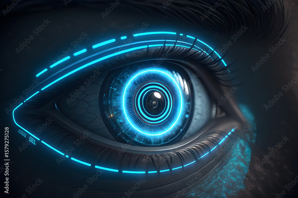 Close-up of a glowing blue cyber eye with futuristic neon circuits and AI-inspired mechanical iris, perfect for sci-fi technology themes Close-up of a glowing blue cyber eye with futuristic neon circuits and AI-inspired mechanical iris, perfect for sci-fi technology themes