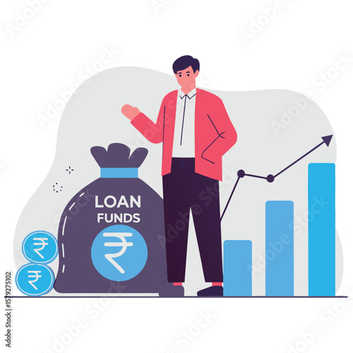 Man with loan funds bag and growing financial graph illustrating economic growth and investment opportunities