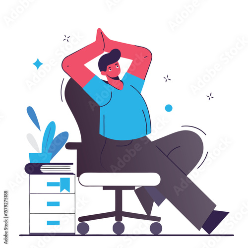 Relaxed person sitting in office chair with hands behind head next to desk with books and plant