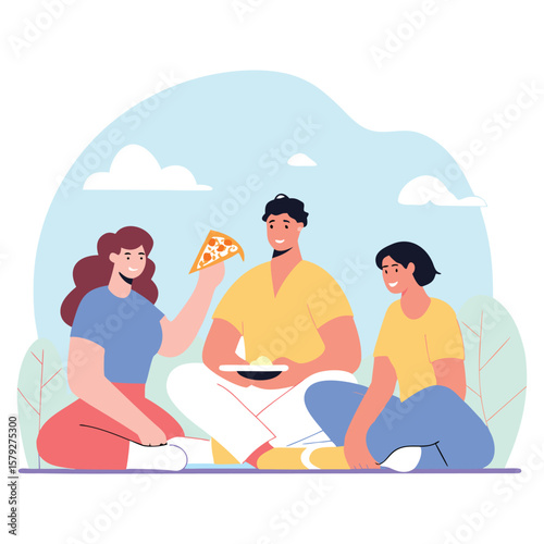 Three friends enjoying a sunny day picnic with pizza and good company outdoors