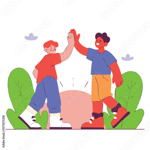 Two happy friends giving each other a high five in a vibrant outdoor setting with lush greenery and a soft sun