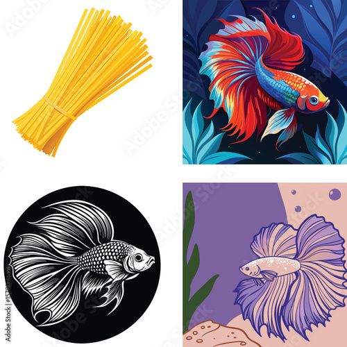 Vibrant betta fish designs and spaghetti bundle on white background