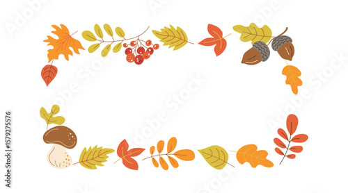 Frame, border with autumn leaves. Mushroom, acorns, berries. Place for text. Autumn, rowan branch. Botanical illustration of nature. Leaf fall. White isolated background.