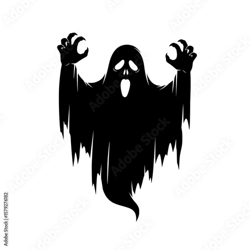 Vector illustration of a spooky ghost silhouette with clawing hands and an open mouth in a terrifying expression.