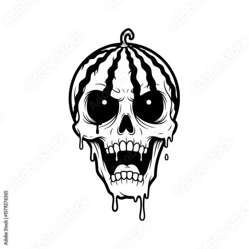 Black  Cute Horror Skull Watermelon Illustration 