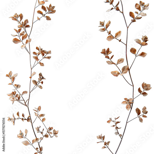 Two vertical stems of dried, light brown seed pods.  Delicate,  thin branches.  Botanical,  minimalist