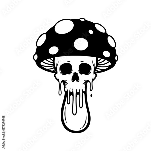 Unique and spooky yet cute black vector illustration featuring a mushroom with a spotted cap and a stem made of a melting skull. 
