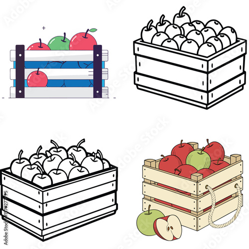 Four illustrations of wooden crates filled with fresh apples in various styles